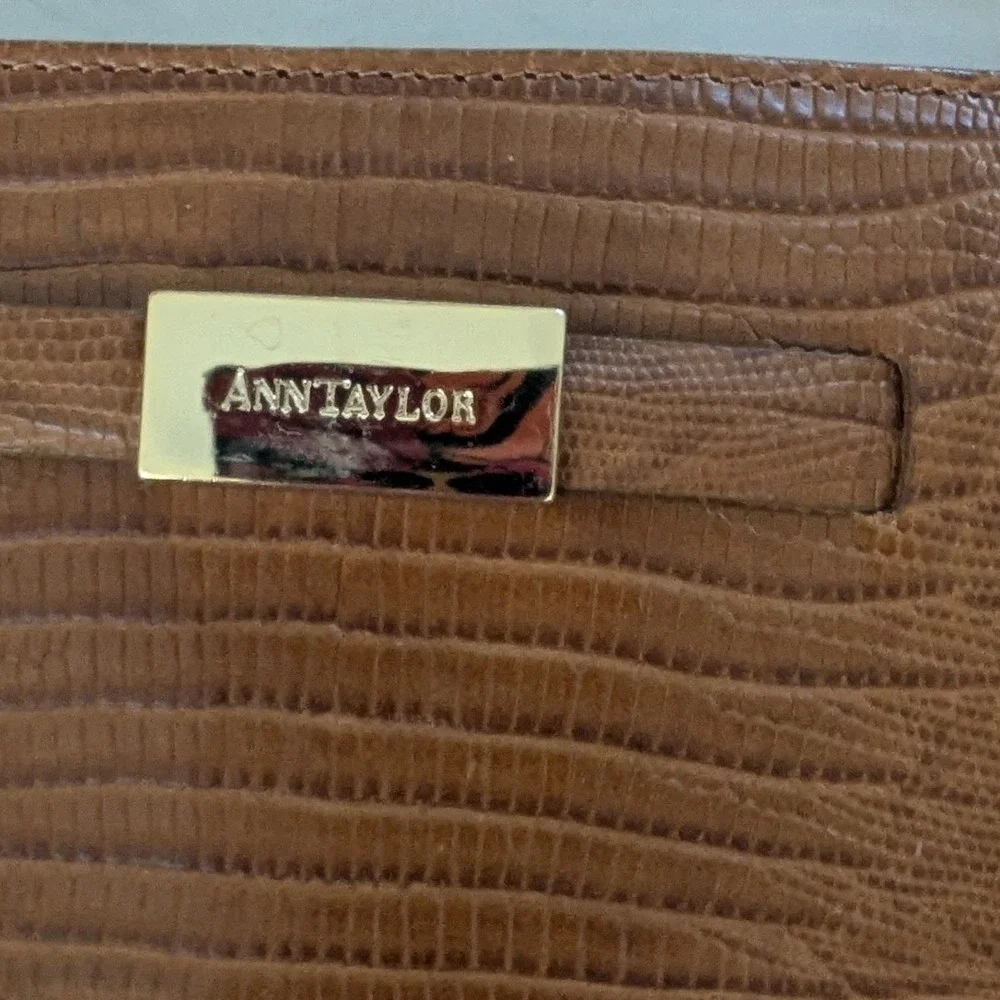 Vtg Ann Taylor Brown Cognac‎ Embossed Leather Satchel Bag Structured Work Tote